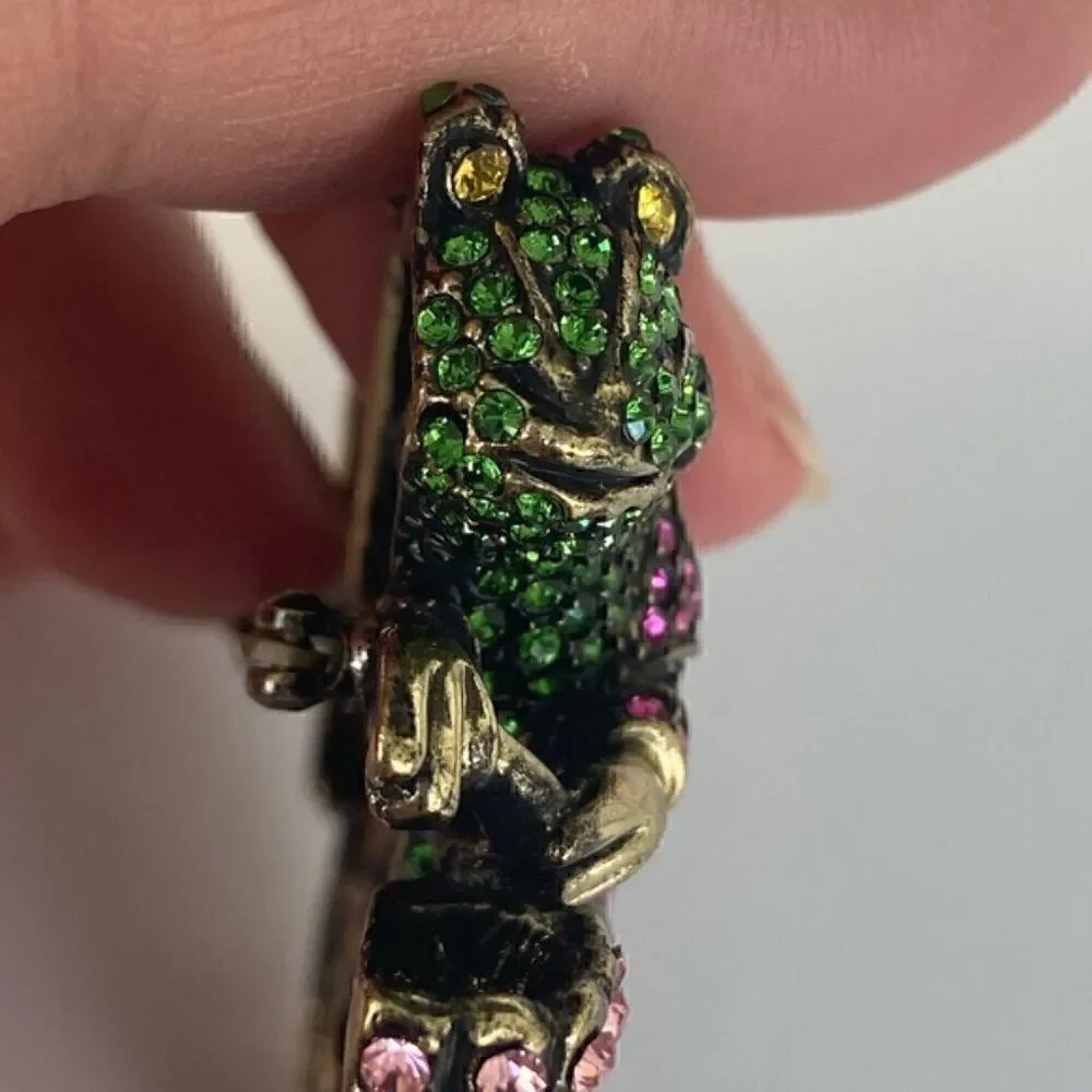 Brooch, frogs on bicycle, Swarovski Crystals Rhinestone